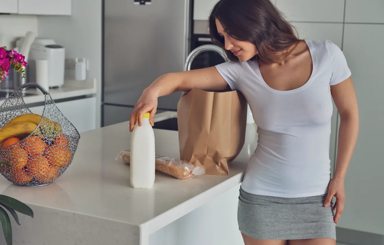 Photo wallpaper white, cleavage, model, fruit, hair, brunette, milk, basket