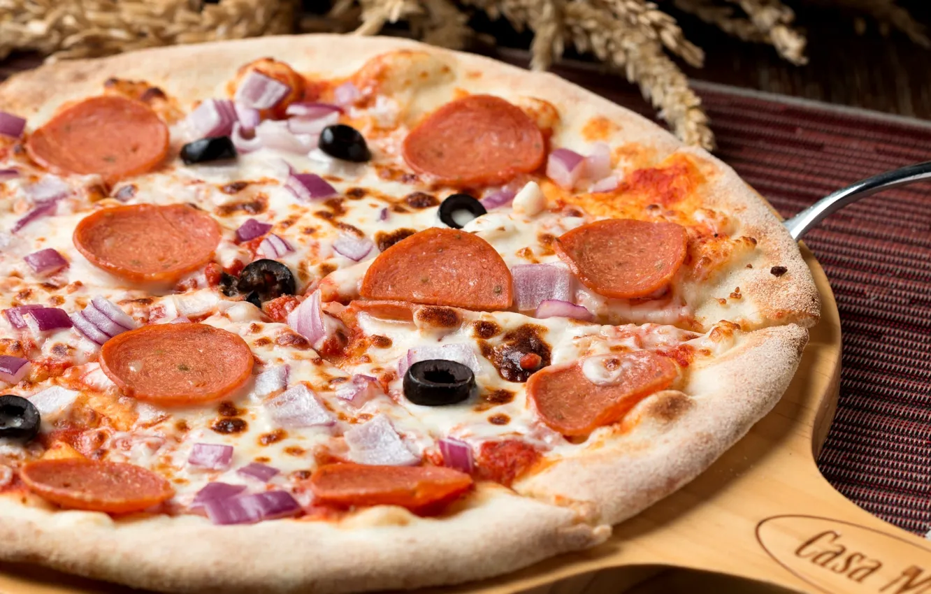 Photo wallpaper cheese, bow, pizza, olives, sausages