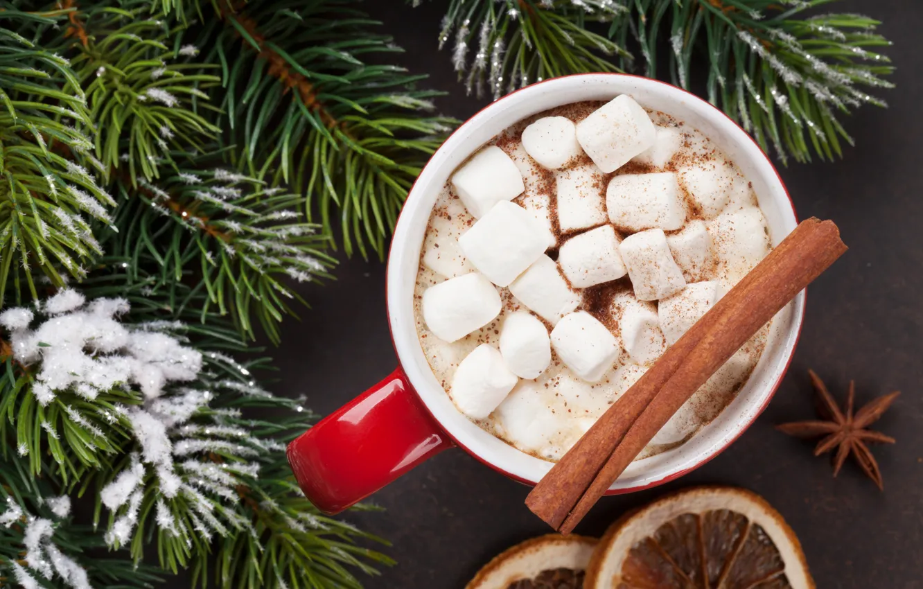 Photo wallpaper decoration, tree, new year, Christmas, Cup, Christmas, cup, chocolate