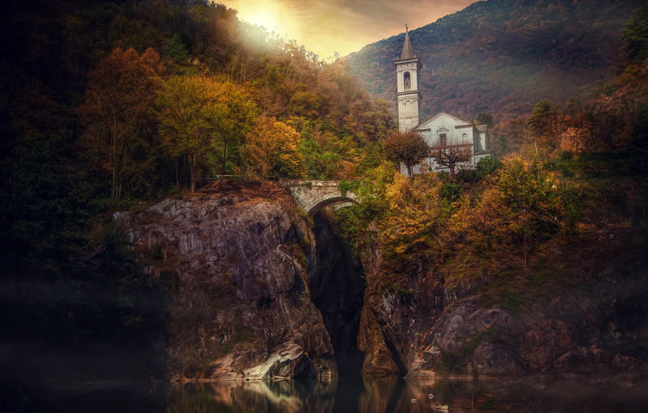 Photo wallpaper autumn, forest, bridge, river, rocks, Italy, Church, Italy