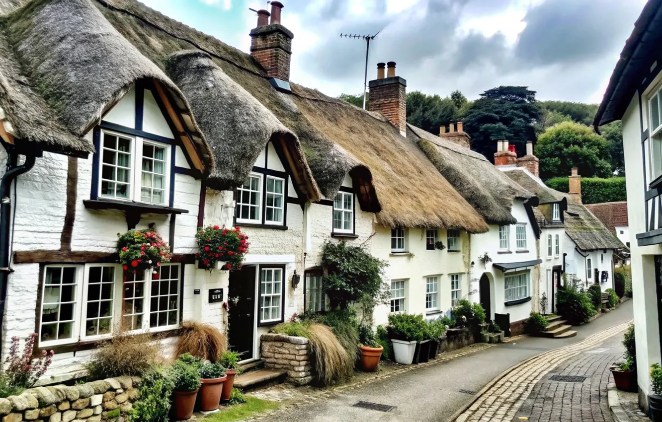 Photo wallpaper street, village, house, cottage, street, fabulous, village, cottage