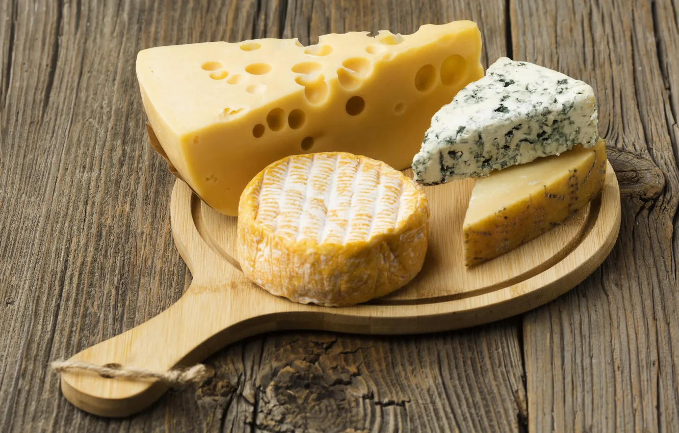 Photo wallpaper Board, food, cheese, holes, different, slices, piece, cuts