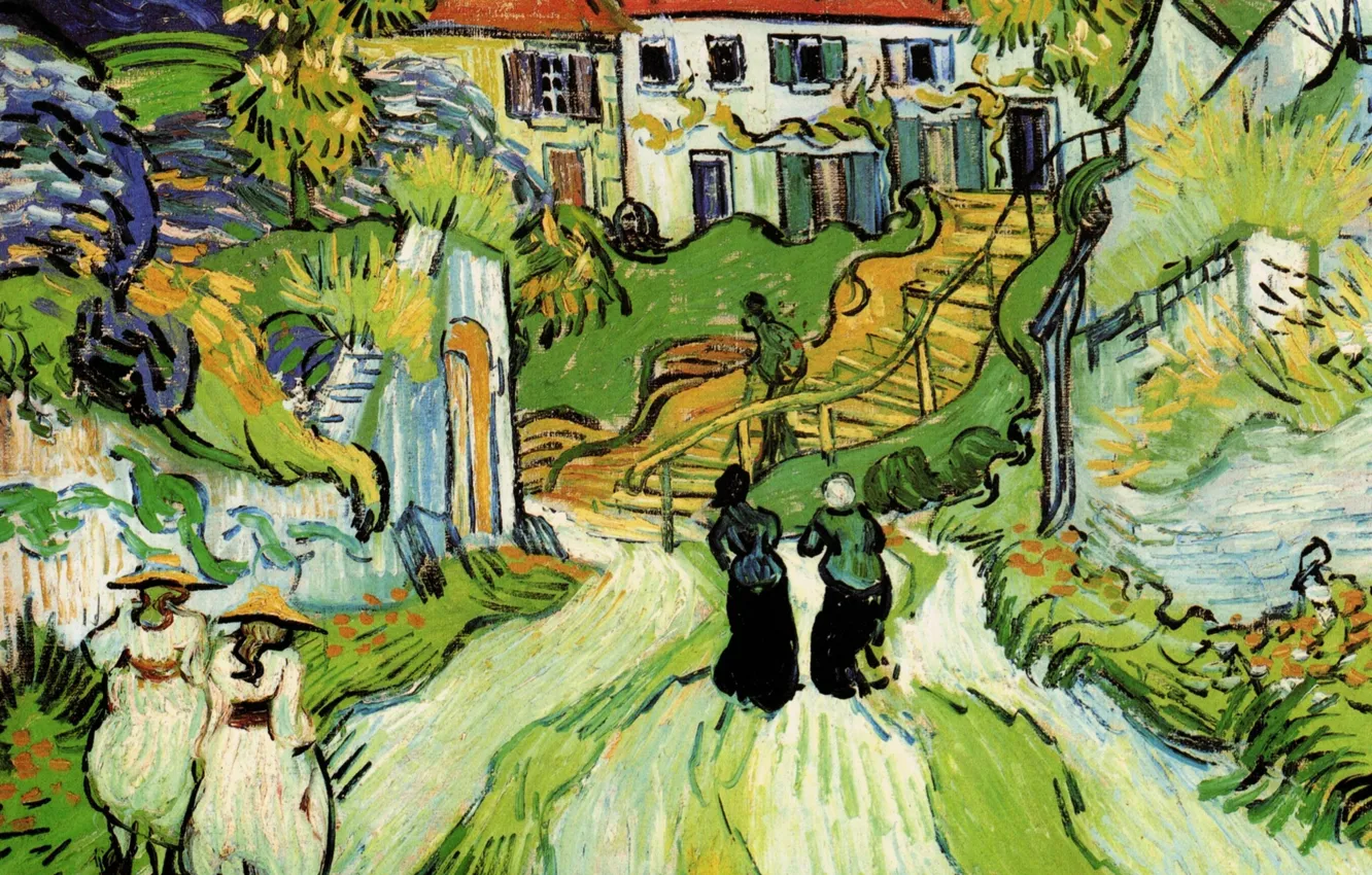 Photo wallpaper Vincent van Gogh, and Steps, in Auvers with Figures, Village Street