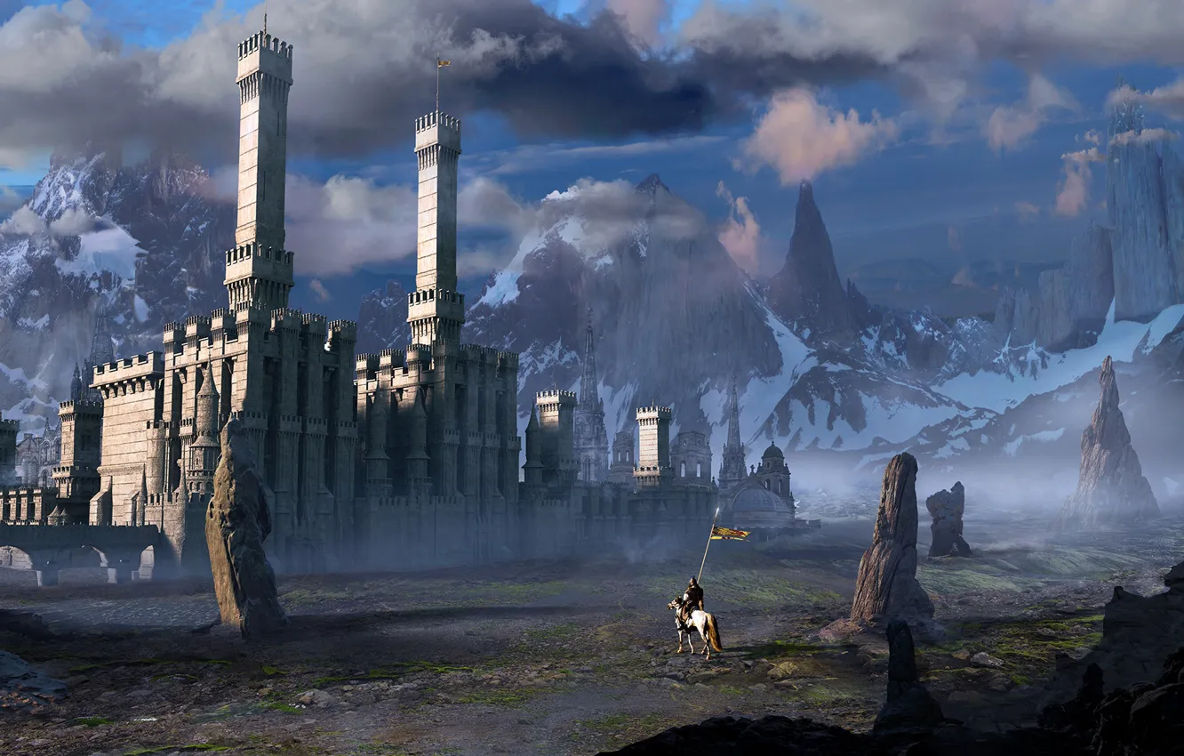 Photo wallpaper knight, mountains, banner, rider, castle, the sky, rocks, horse