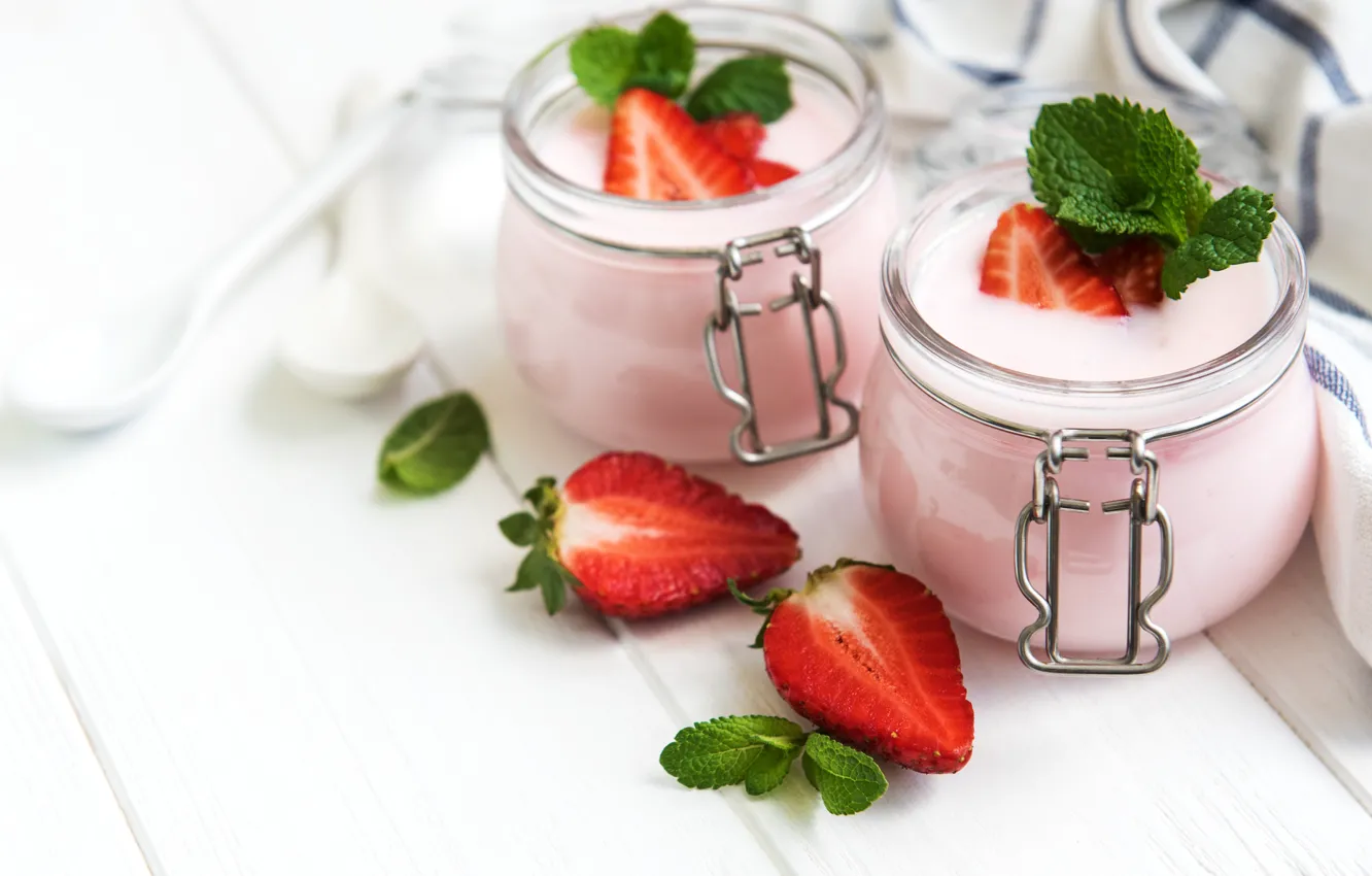 Photo wallpaper berries, Breakfast, strawberry, jars, mint, yogurt, Olena Rudo