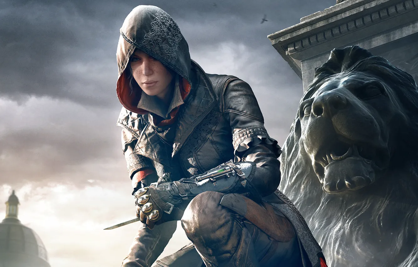 Photo wallpaper the sky, look, girl, bird, hood, statue, Ubisoft, blade