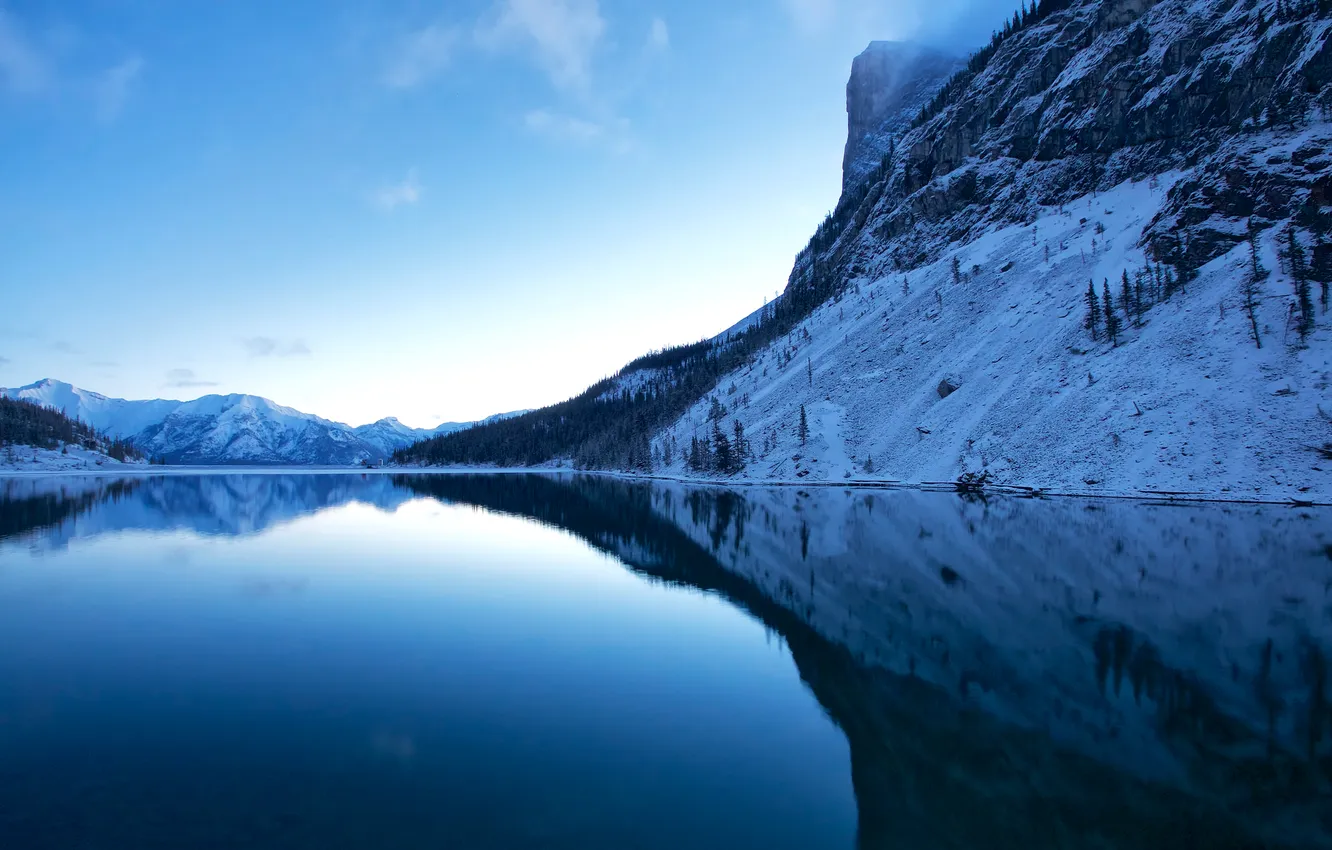 Photo wallpaper forest, snow, mountains, lake, slope