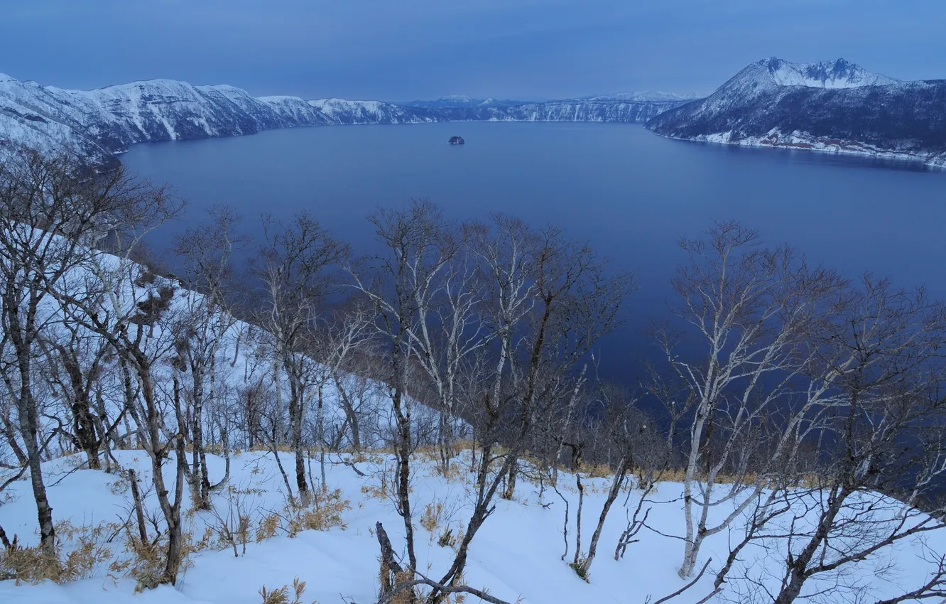 Photo wallpaper winter, snow, trees, mountains, nature, lake, Mashuko