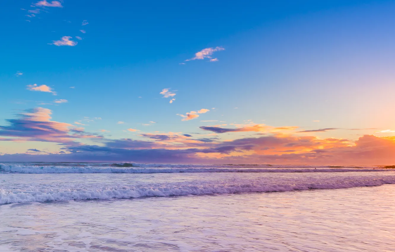 Photo wallpaper sea, wave, the sky, clouds, trees, sunset, nature, hills