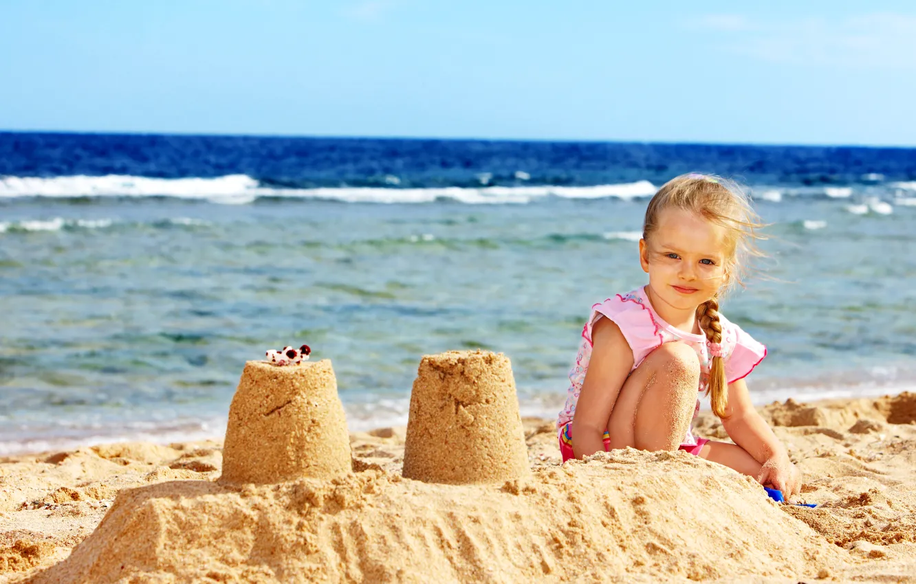 Photo wallpaper sand, sea, shore, sea, Coast, child, little girl, Little girls