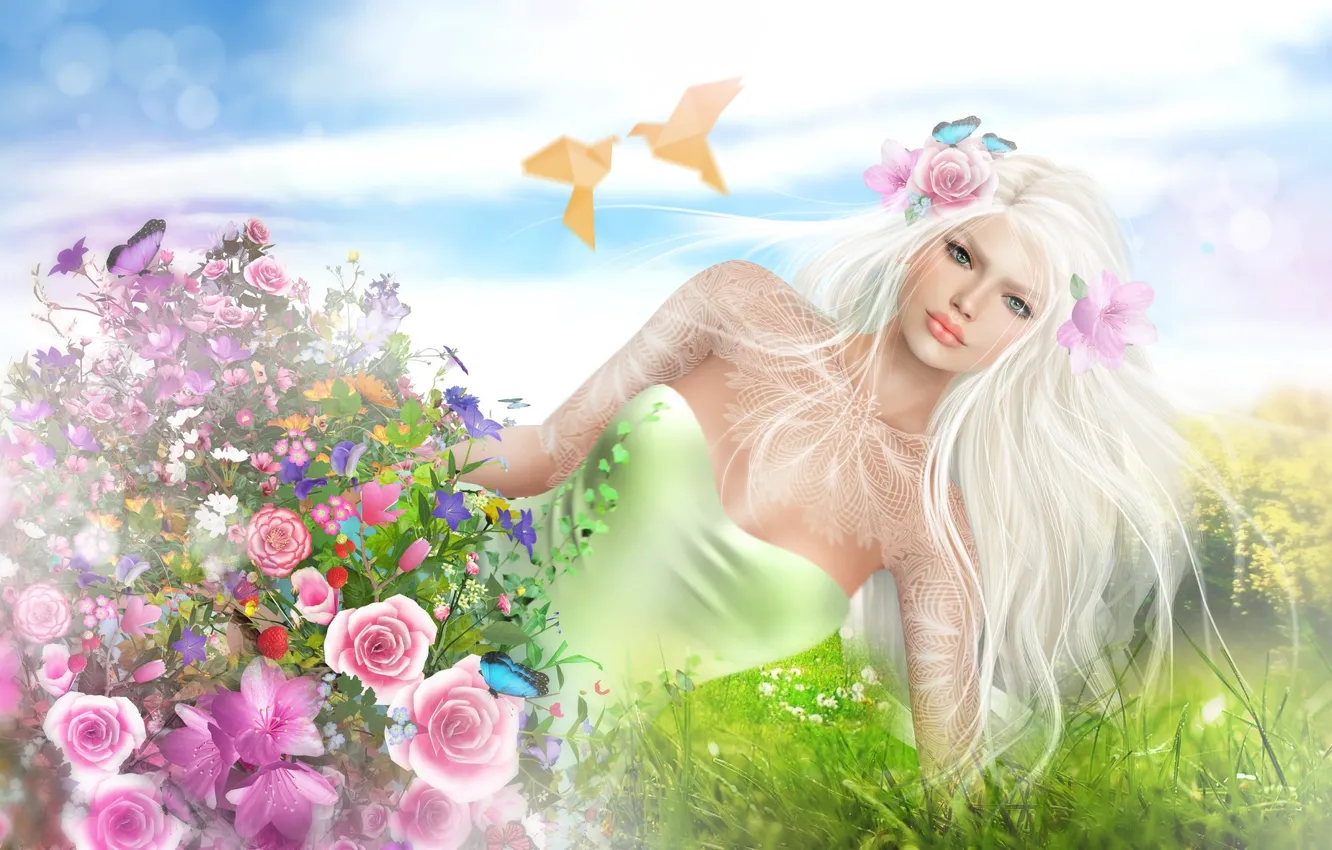 Photo wallpaper girl, flowers, birds, spring, blonde