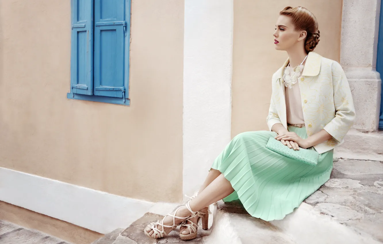 Photo wallpaper girl, skirt, sitting, sandals
