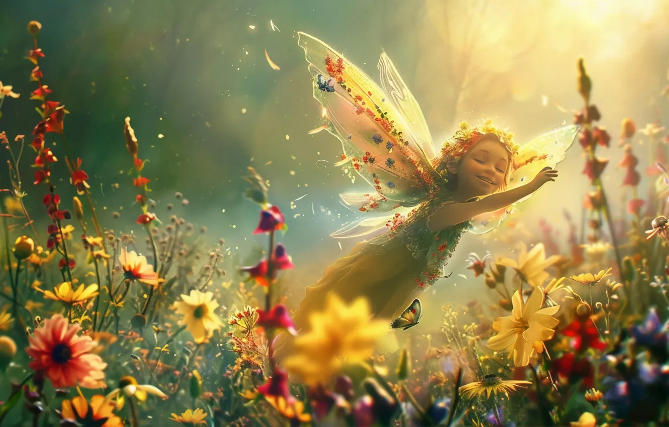 Photo wallpaper forest, flowers, smile, wings, fairy, girl, digital art, AI art