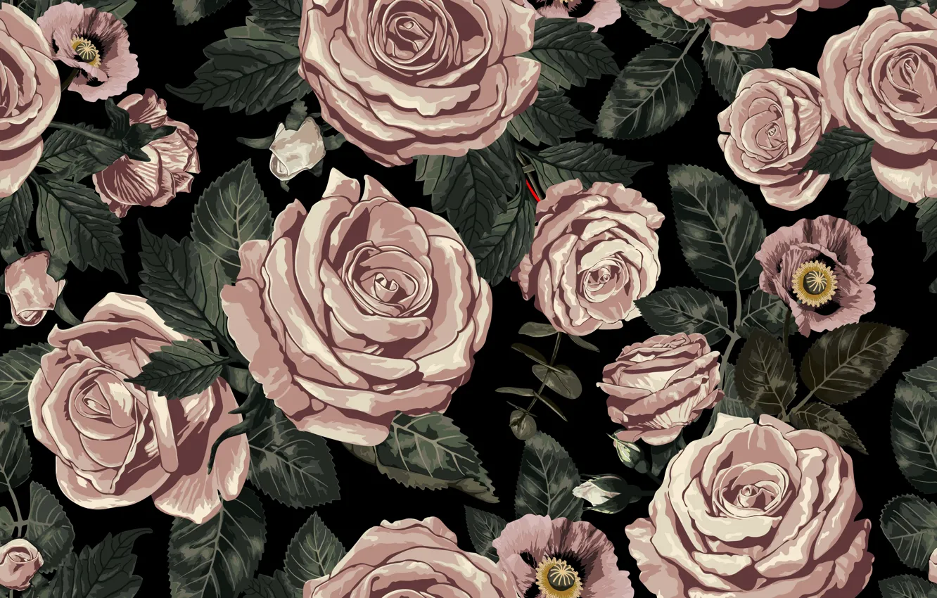 Photo wallpaper background, black, roses, buds, seamless