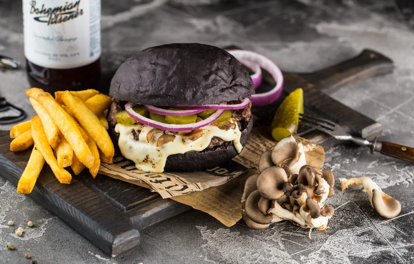 Photo wallpaper mushrooms, hamburger, soy sauce, French fries