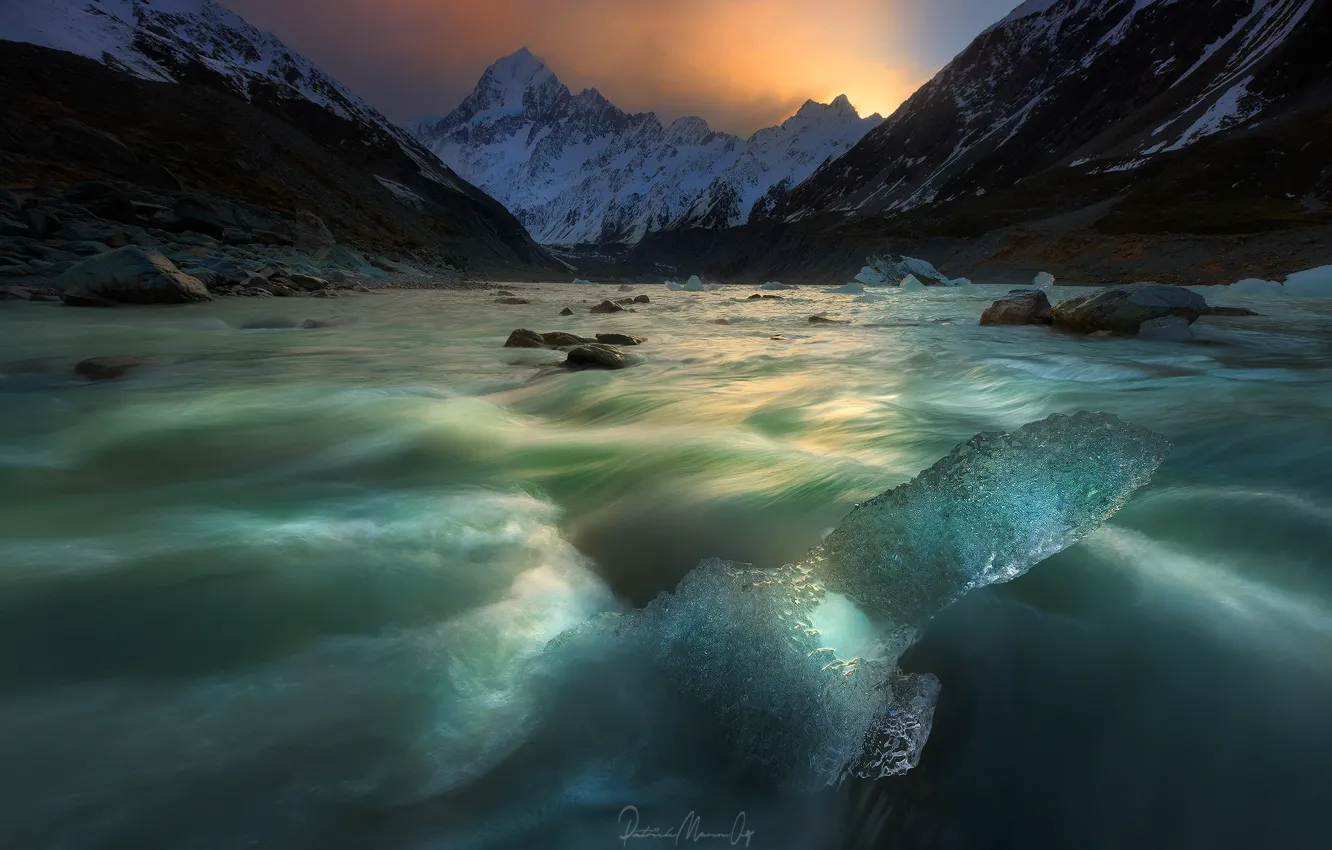 Photo wallpaper mountains, river, ice, stream