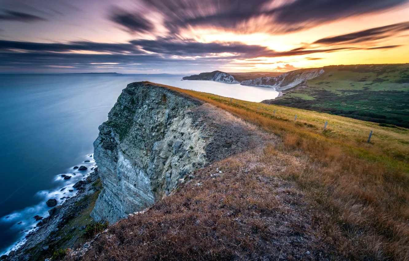Photo wallpaper long exposure, Jurassic sunset, Gad Cliff, Dorset coast