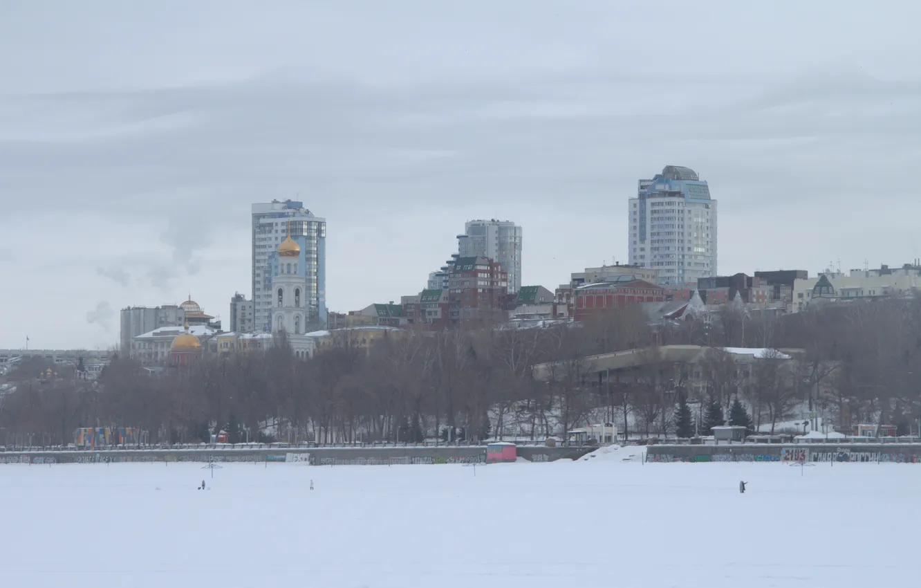 Photo wallpaper the sky, snow, river, building, home, spring, Russia, architecture