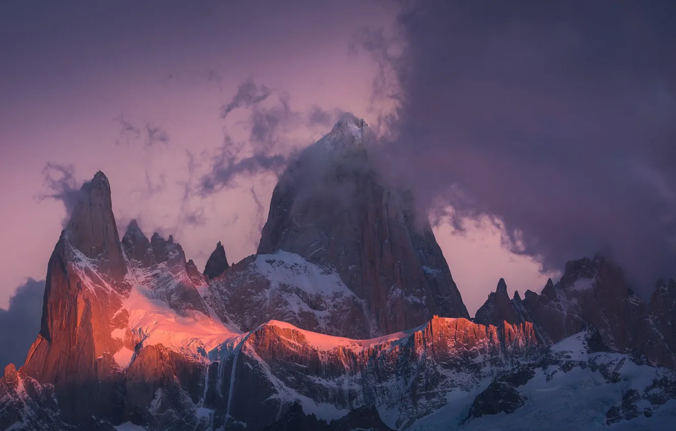 Photo wallpaper winter, the sky, clouds, snow, sunset, mountains, nature, rocks