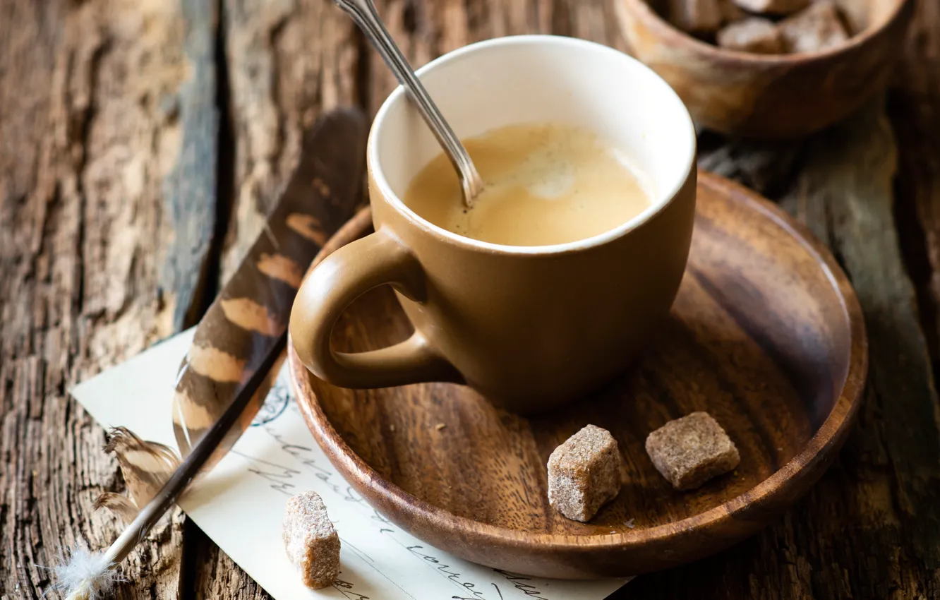Photo wallpaper paper, table, Board, feathers, spoon, Cup, sugar, drink