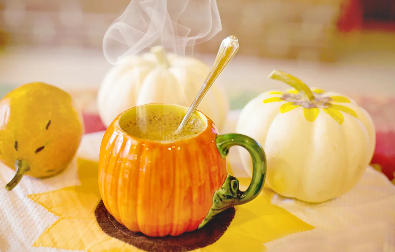 Photo wallpaper tea, soup, Cup, pumpkin, drink, tureen, ceramics