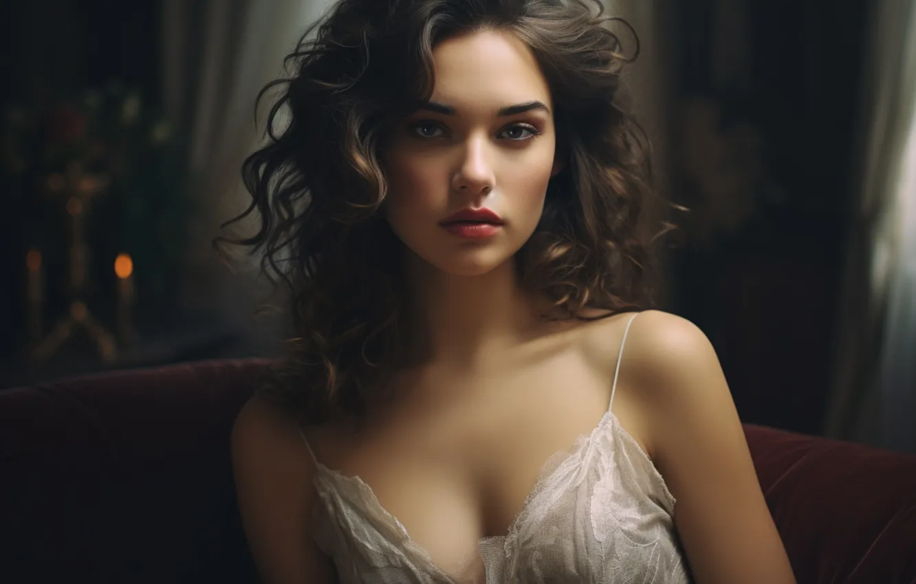 Photo wallpaper chest, look, girl, light, face, pose, the dark background, room