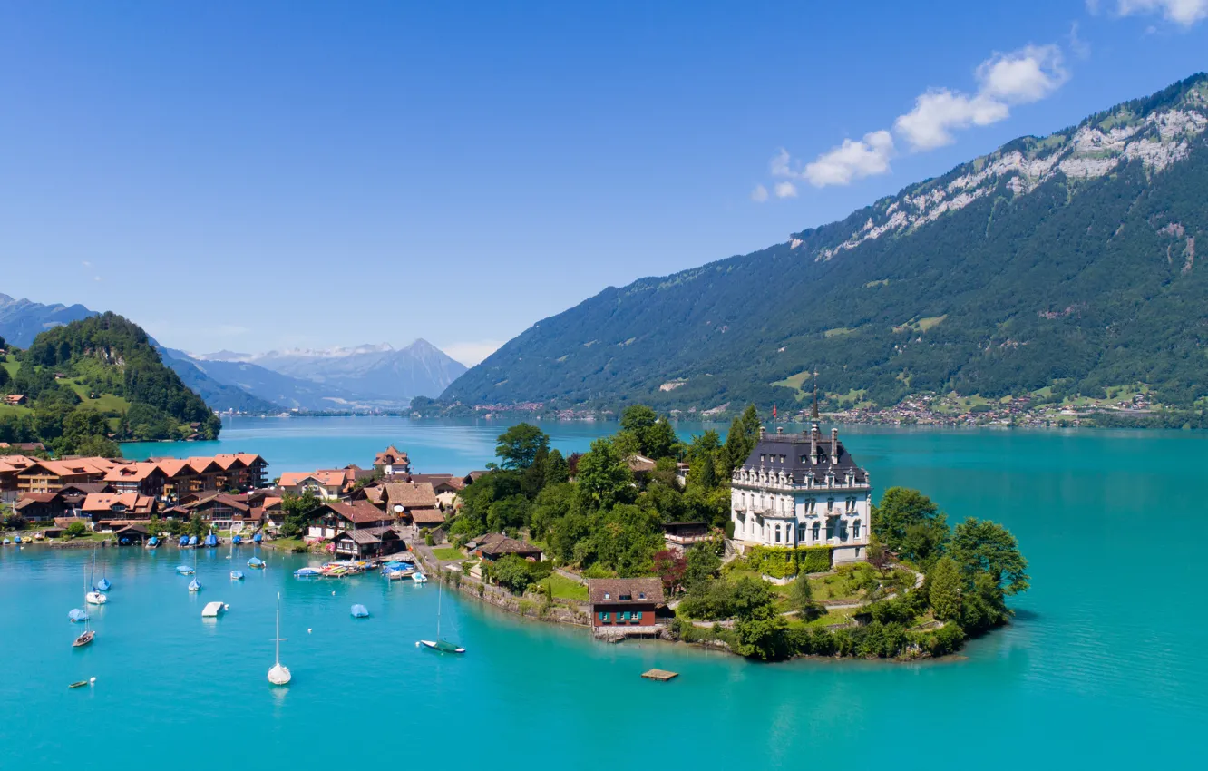 Photo wallpaper mountains, the city, lake, Switzerland, Switzerland, Bern, Lake Brienz, Seeburg