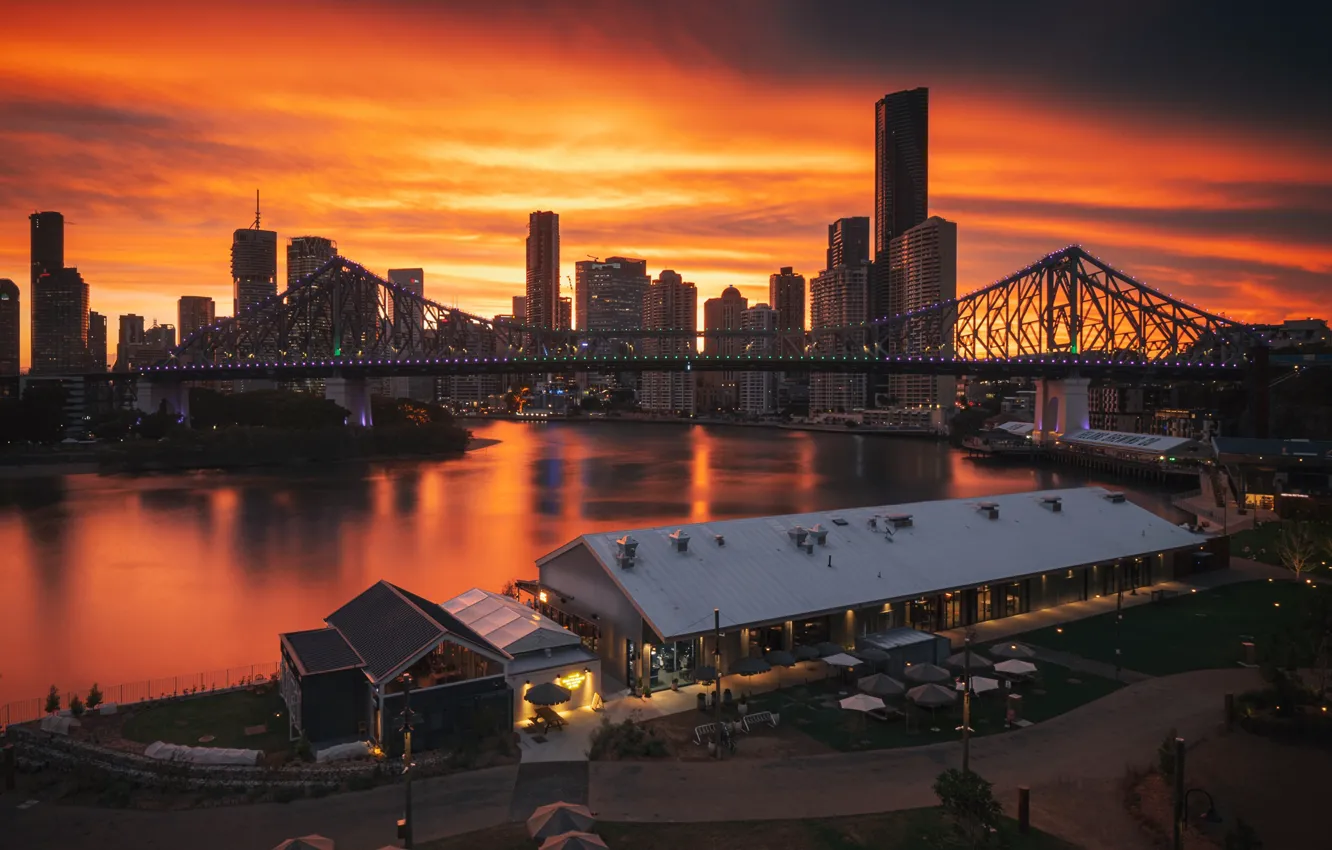 Photo wallpaper the sky, sunset, bridge, river, home, skyscrapers, the evening, Australia