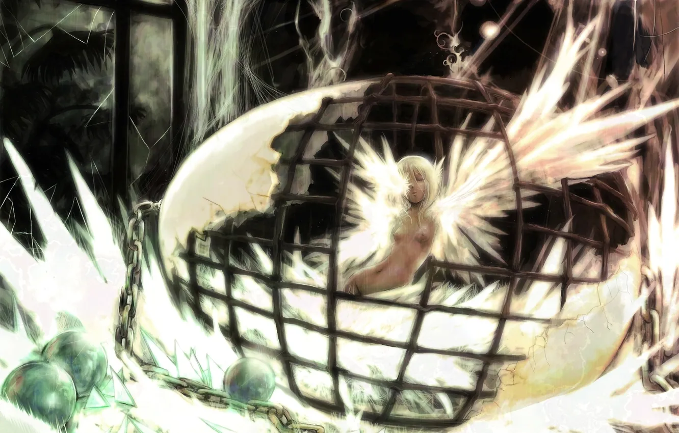 Photo wallpaper girl, wings, cell, art, prisoner, naked, funakura