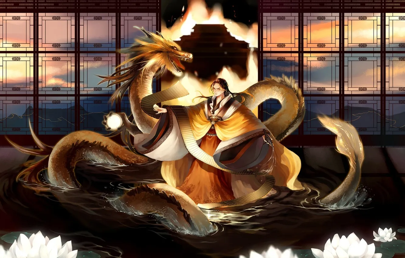 Photo wallpaper water, landscape, dragon, China, window, art, Lotus, Lily
