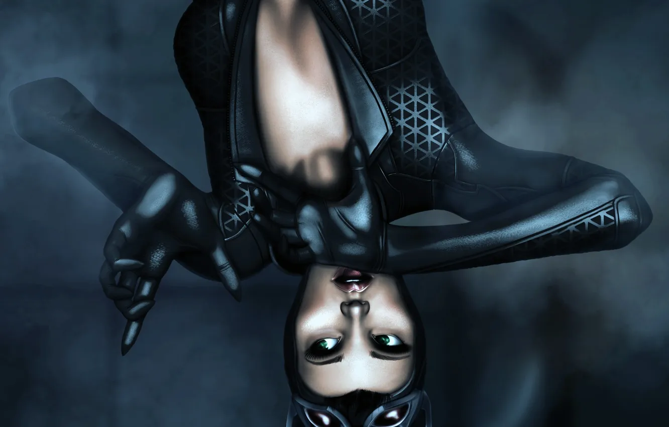 Photo wallpaper look, costume, ears, upside down, green eyes, Cat woman, Catwoman, Selina