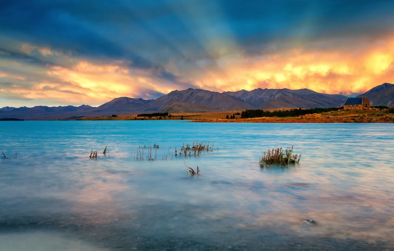 Photo wallpaper rays, sunset, mountains, clouds, lake, New Zealand, Lake Tekapo