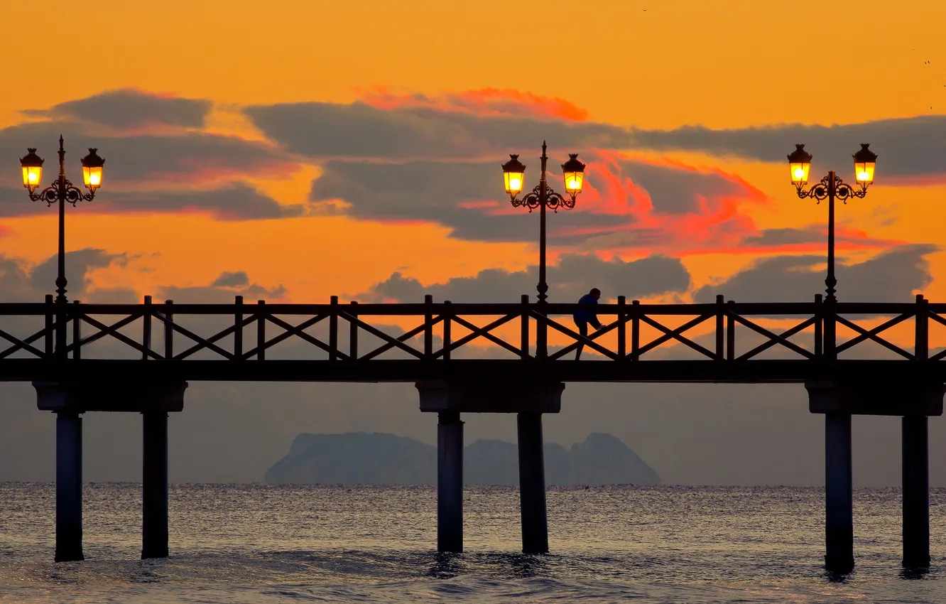 Photo wallpaper sea, the sky, clouds, silhouette, lights, pierce, glow
