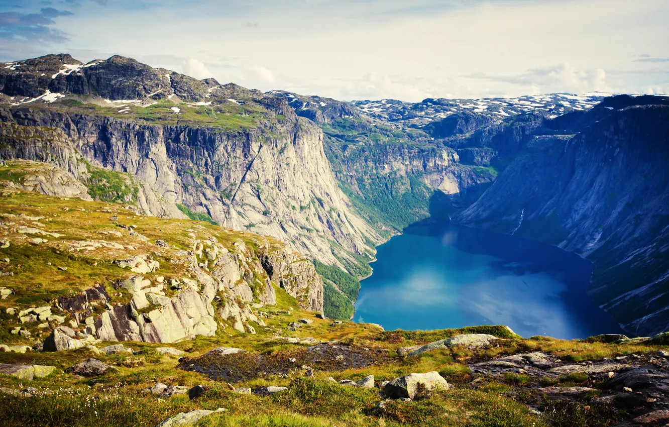 Photo wallpaper mountains, lake, stones, rocks, Norway, gorge, Lofoten