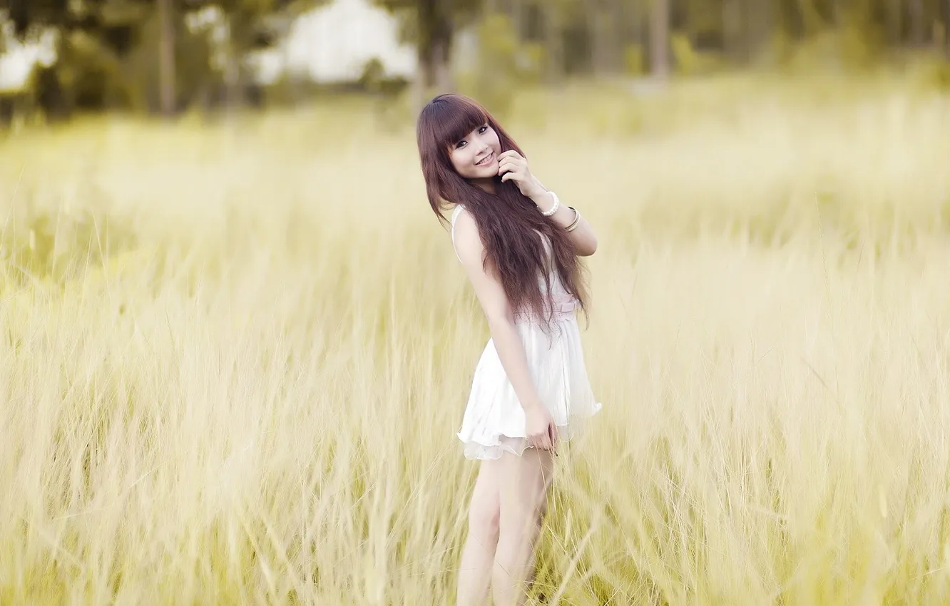 Photo wallpaper field, grass, look, smile, dress, brown hair, lawn, sundress