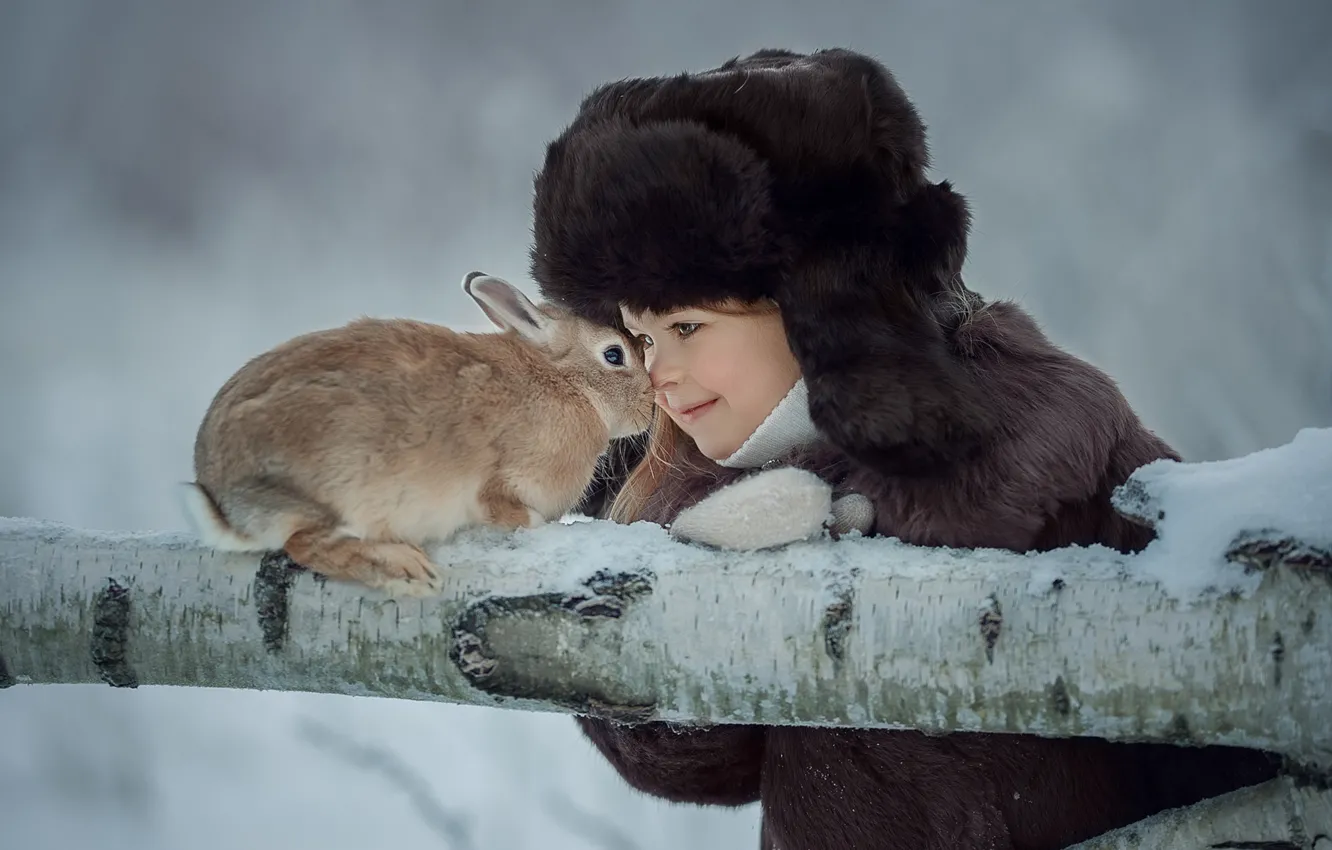 Photo wallpaper winter, each, hat, rabbit, girl, log