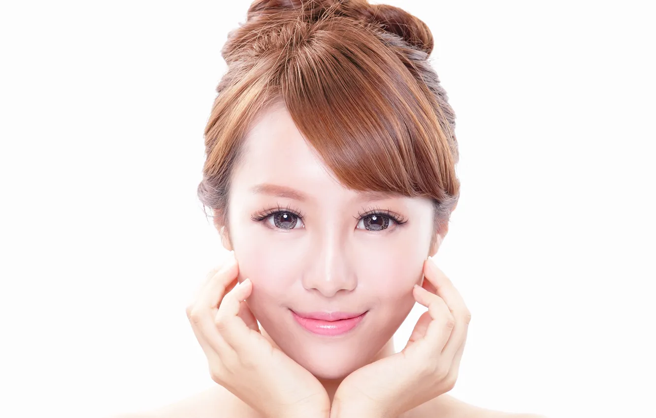 Photo wallpaper eyes, look, girl, face, hair, brown hair, Asian