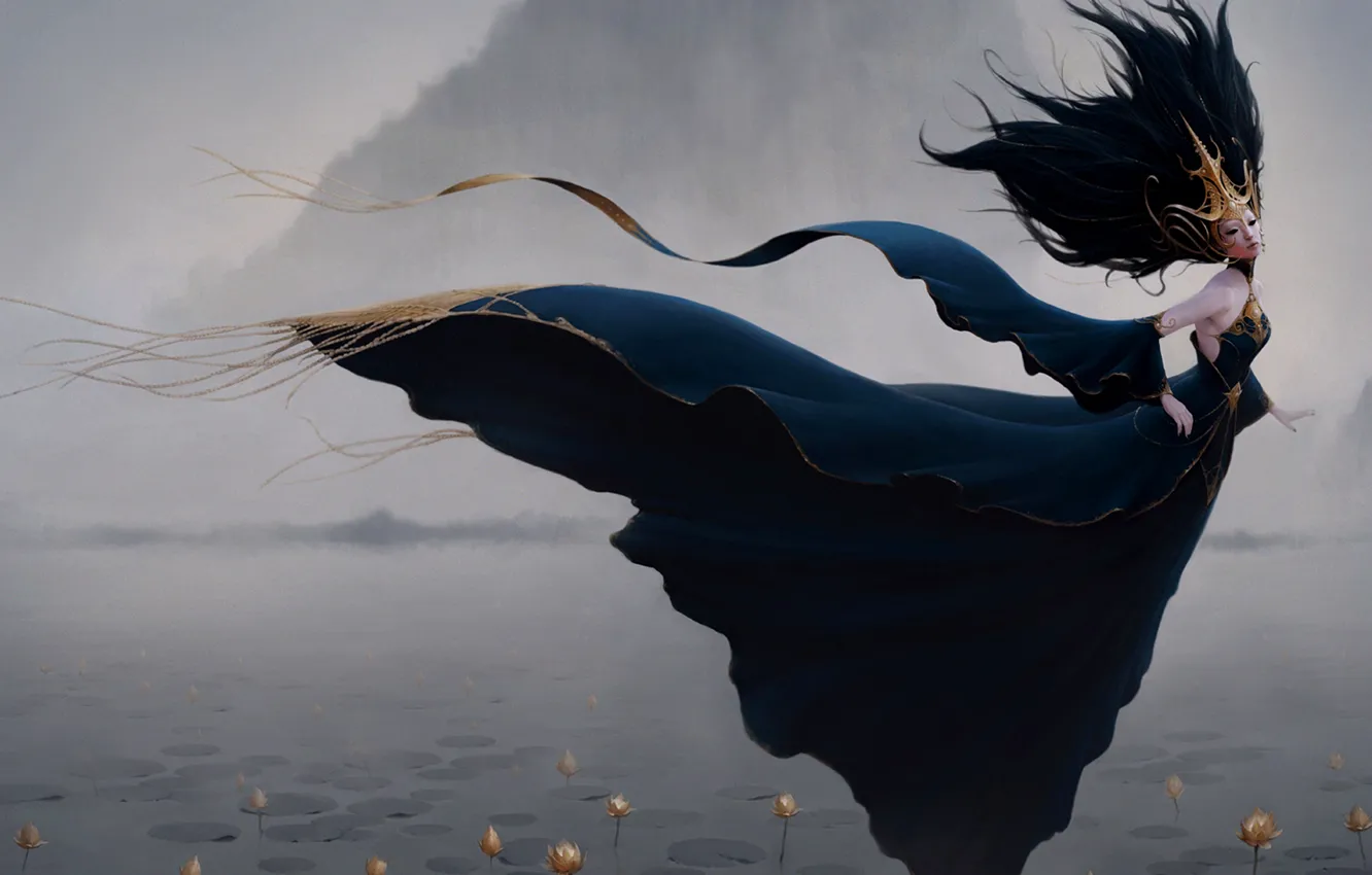 Photo wallpaper girl, decoration, flowers, mountains, fog, lake, the wind, Lily