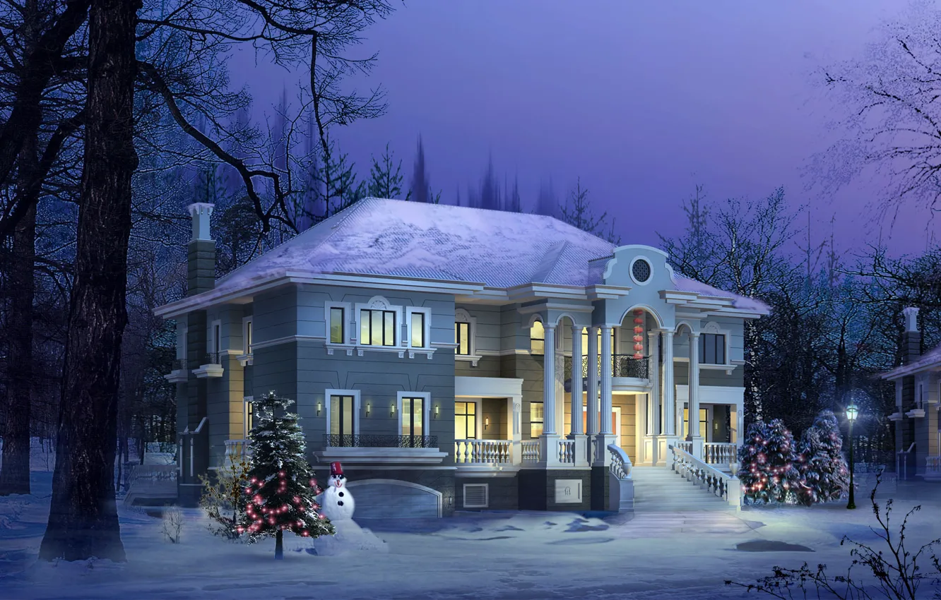 Photo wallpaper winter, house, tree