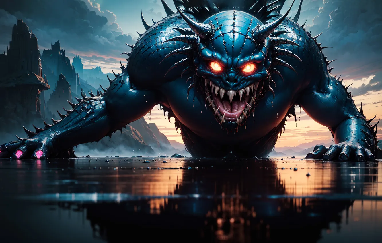 Photo wallpaper water, mountains, monster