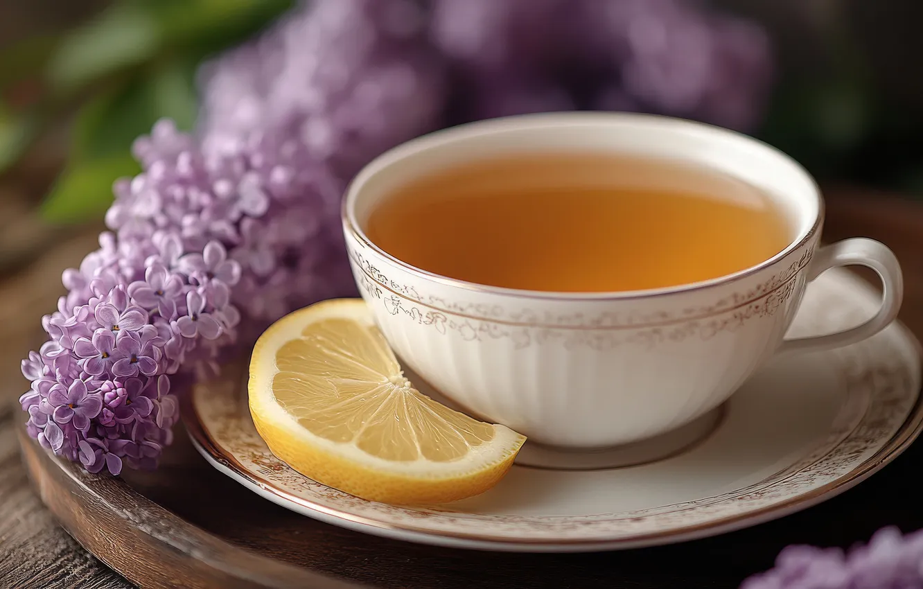 Photo wallpaper flowers, table, lemon, tea, spring, Cup, saucer, lilac