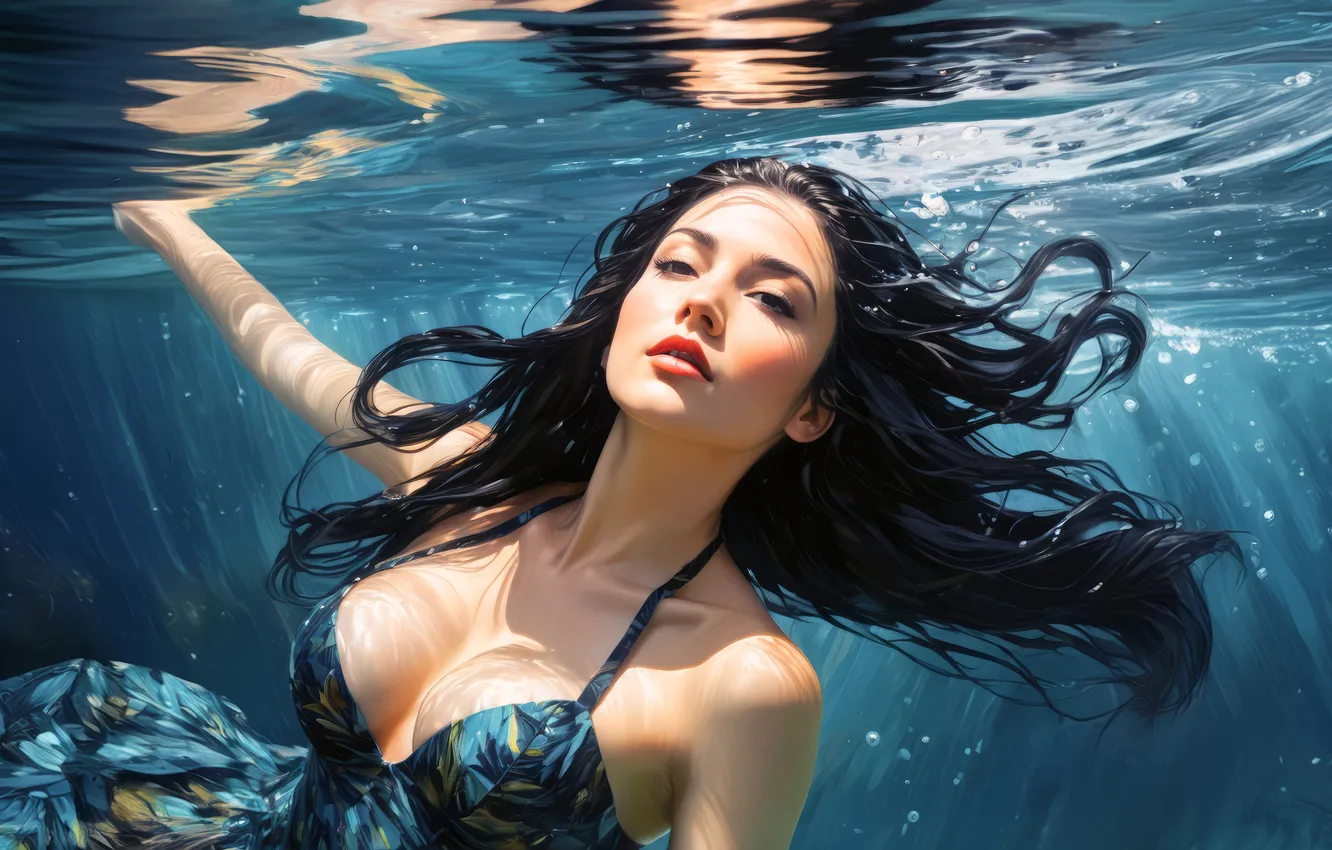 Photo wallpaper chest, look, water, girl, face, pose, brunette, bathing