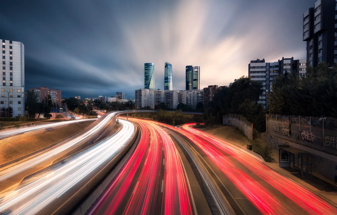Photo wallpaper road, light, the city, the evening, excerpt, Spain, Madrid