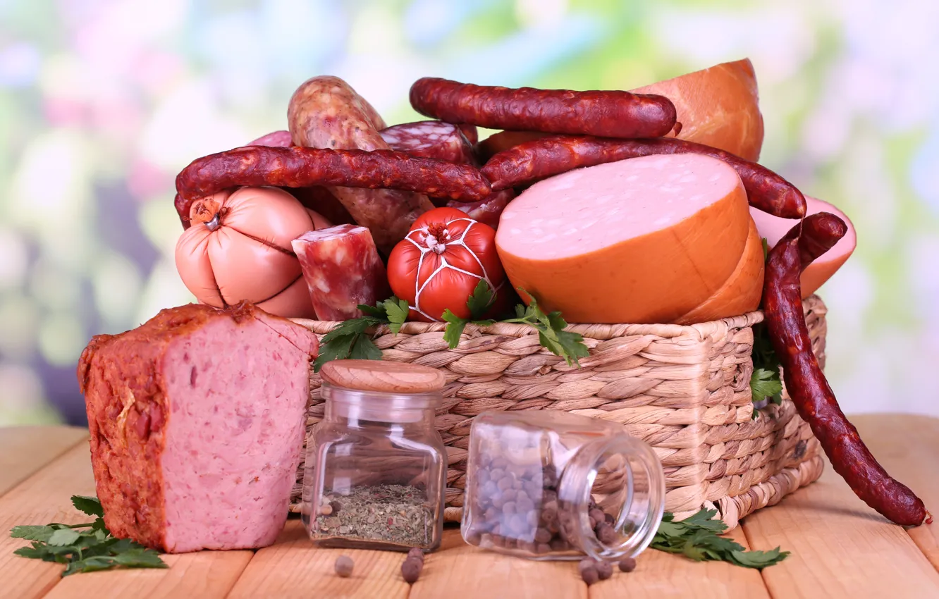 Photo wallpaper meat, sausage, spices, cuts