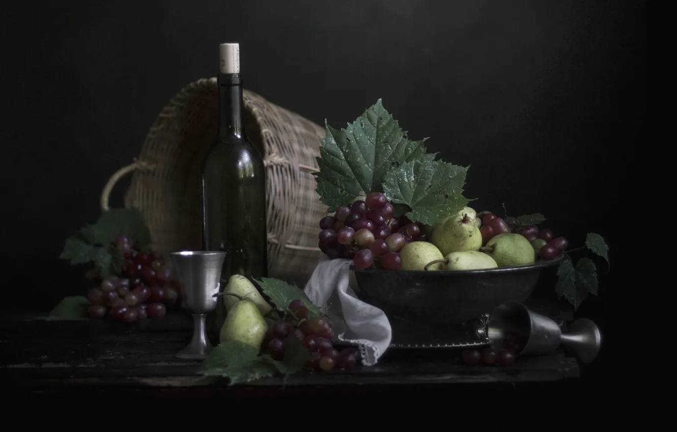 Photo wallpaper pear, fruit, grapes, wine, still life