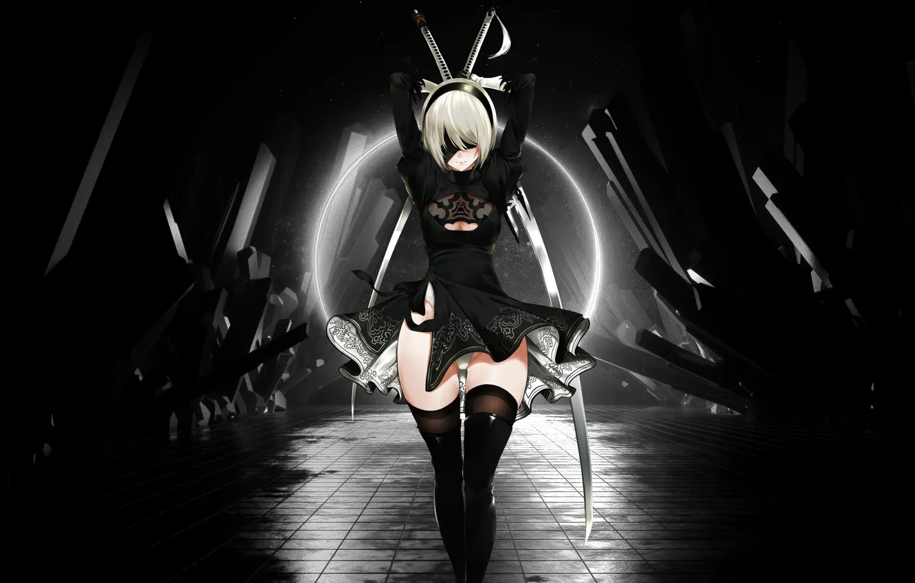Photo wallpaper black & white, girl, game, anime, nier, nier: automata, nier automata