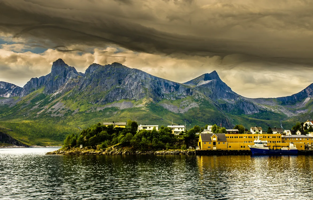 Photo wallpaper sea, the sky, trees, mountains, clouds, nature, ship, Marina