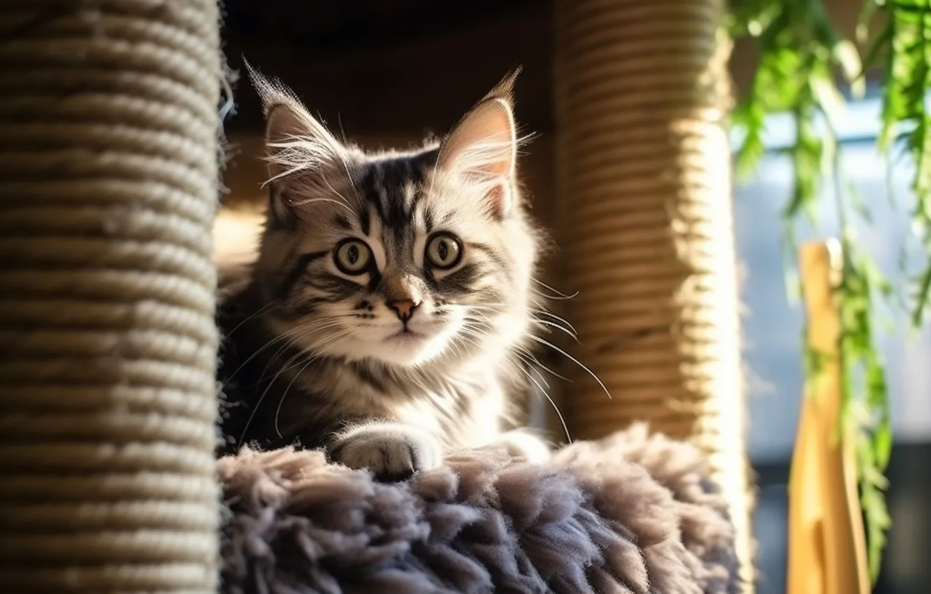 Photo wallpaper cat, look, light, pose, grey, plant, rope, window