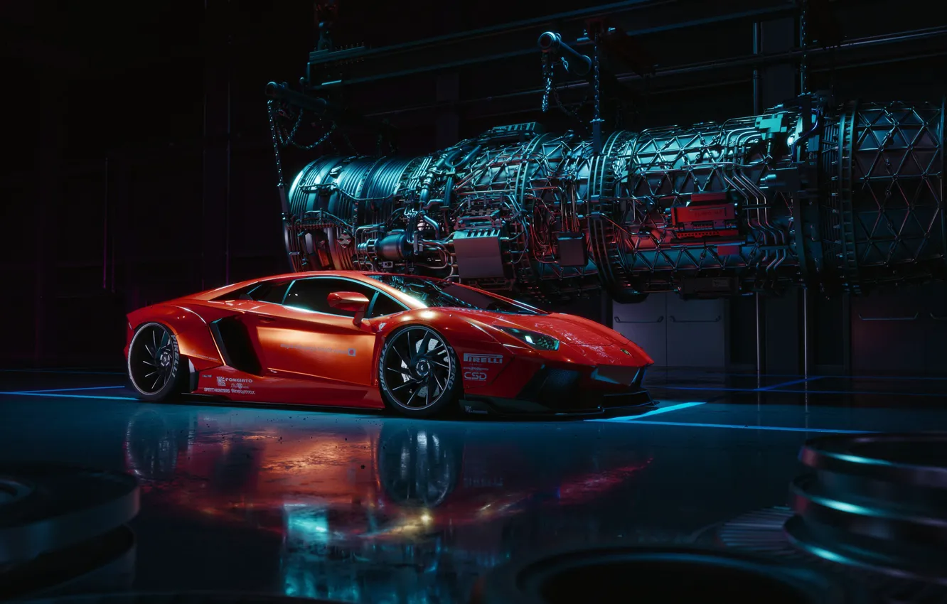 Photo wallpaper Red, Auto, Lamborghini, Machine, Lamborghini Aventador, Rendering, Transport & Vehicles, by Praveen V. S