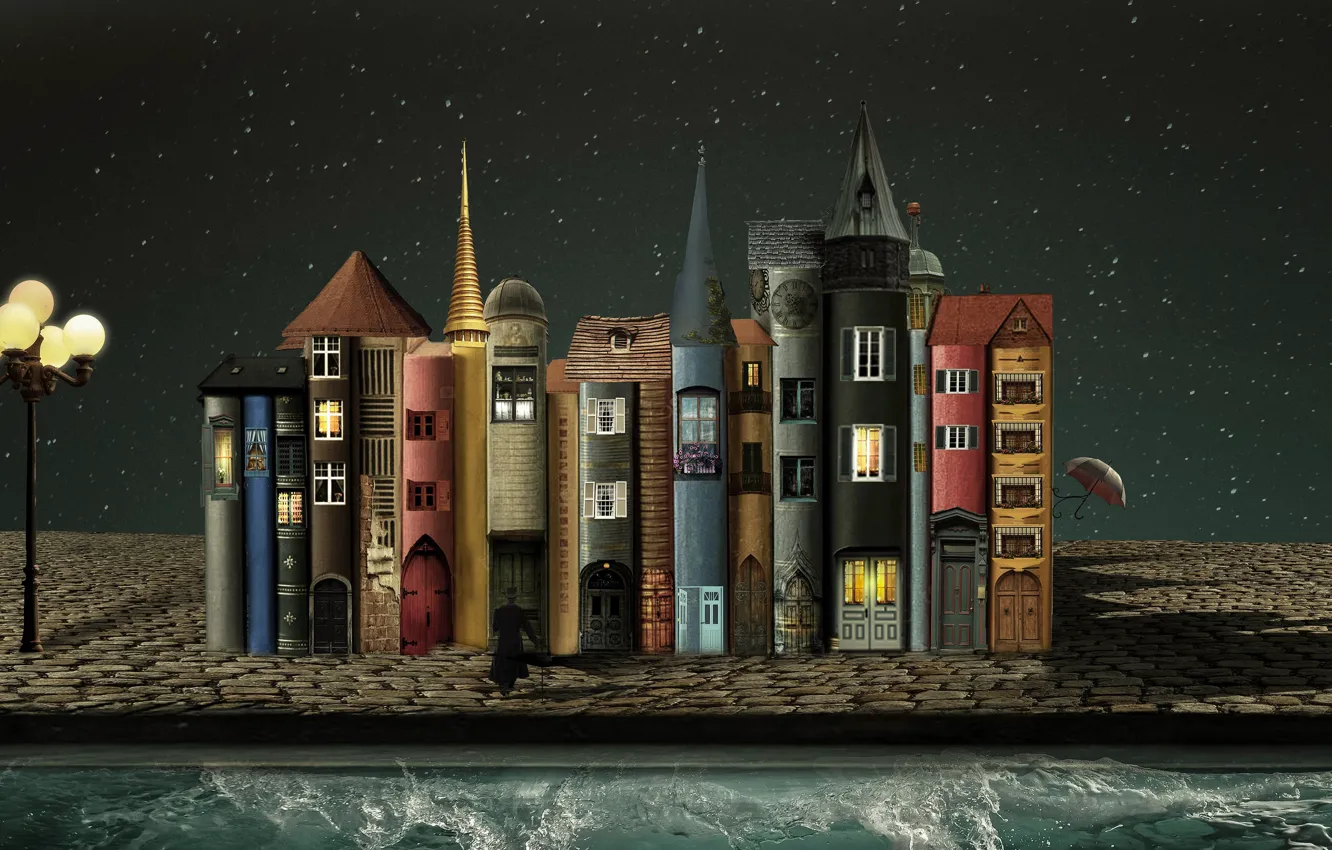 Photo wallpaper sea, the sky, stars, light, night, old, the city, style